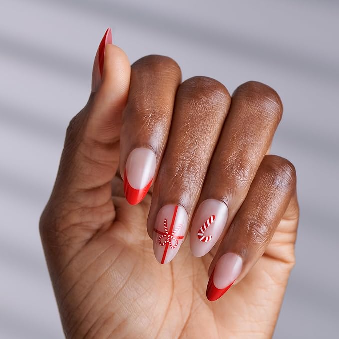 KISS Voguish Fantasy Holiday Press On Nails Almond, ‘Warm n Cozy’, Nude, Medium Length, No Damage To Natural Nails, Pink Gel Nail Glue (2g), Mini Nail File, Manicure Stick, & 28 Fake Nails