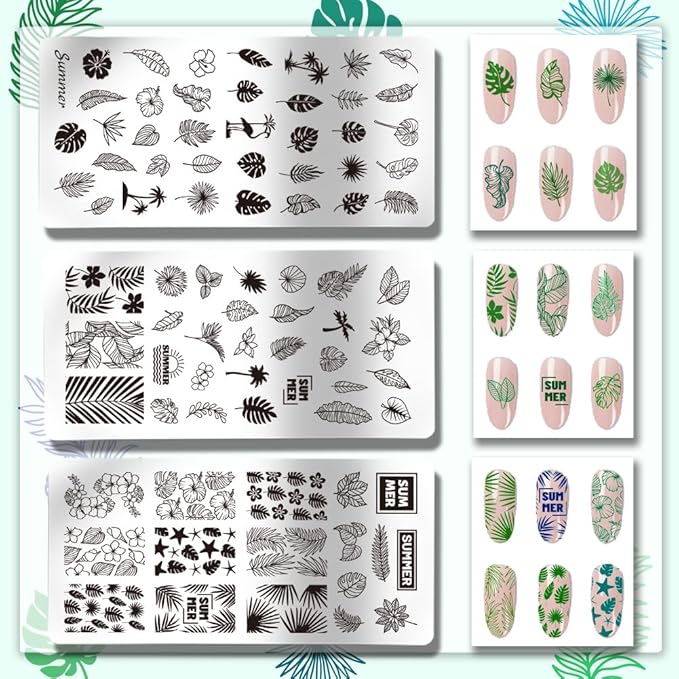 PH PandaHall 3pcs Palm Leaf Nail Art Templates, 87 Patterns Summer Plant Nail Stamping Coconut Tree Nail Art Stencils Stainless Steel Nail Image Plates for Summer Nail Design Print Manicure Salon