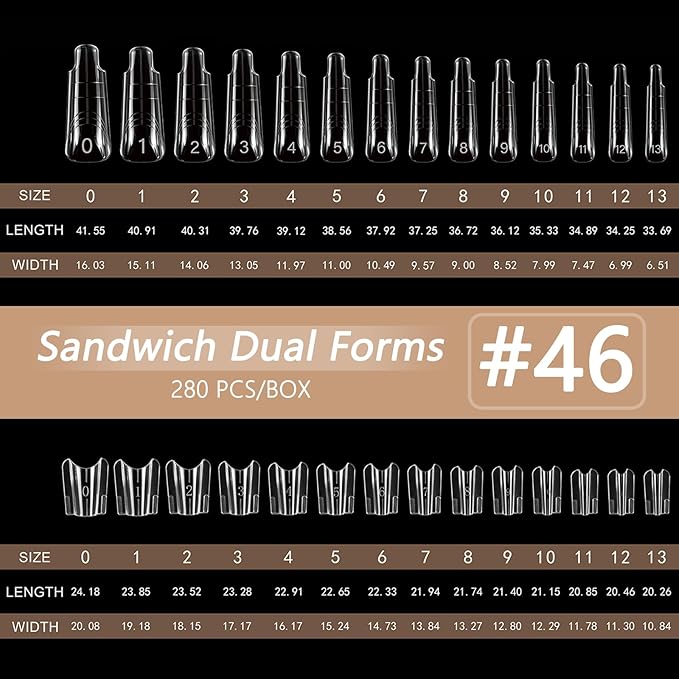 280Pcs Sandwich Nail Dual Forms for Polygel Extension Builder Gel 140 Pairs Coffin Shape Top and Bottom Plastic Nail Molds with Tools for DIY Manicure Art At Home