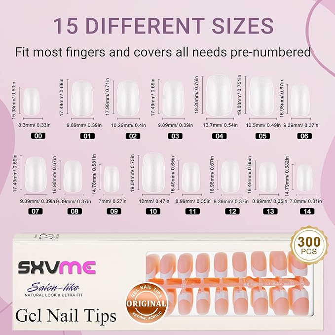 Gel French Tip Nails Medium Square Press on Nails White Tips 300Pcs Pre-applied Primer Natural Nude Pink Fake Nails Extensions Kit for Women Girls DIY