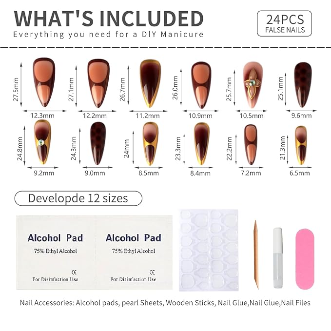 evpct Handmade Press on Nails Medium Almond, Mauve Artificial French Tip Fake Nails Kit with Gold Line & 3D Flower & Rhinestones Design, Stick on Nails with Nail Kit, 24Pcs Reusable Stick on Nail Kit