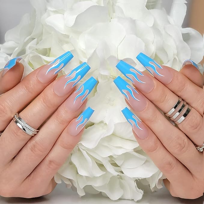 Hypnaughty 24 Pcs Blue Wildfire Fire Flames Extra Long Coffin Press On Nails with Design and Glue XL Nude Pink Nails with French Fire Flames (Blue Wildfire Extra Long)