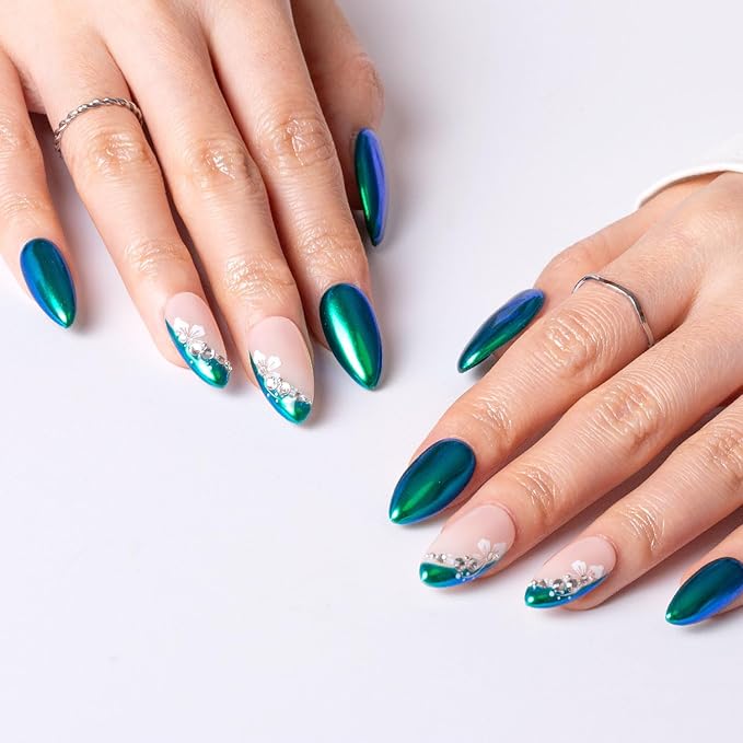 LOVFUL Press on Nails Opulent Allure | Handmade with Full Covered Crystals | Reusable Full Cover Nails | Almond Regular 1.0 in | P008-L