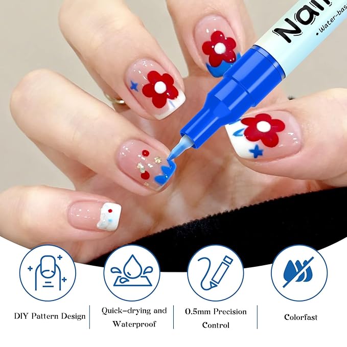 Waterproof Nail Art Pen, 12 Colors Nail Art Pen Set, 0.5mm Precision Control, Quick Drying Markers for & DIY, Complete Kit with Fine Tip Pens