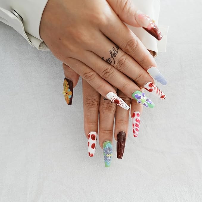 Long Coffin Press On Nails with 3D Floral Design - Summer Multicolor Thick Luxury False Nails Reusable Acrylic Nails (Summer Stories,L)