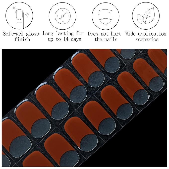 Clear Semi Cured Gel Nail Strips French Tip 20Pcs Orange Red UV Gel Nail Stickers Glossy Nails Polish Strips UV/LED Light Needed Self Adhesive Full Polish Nails Wraps for Women