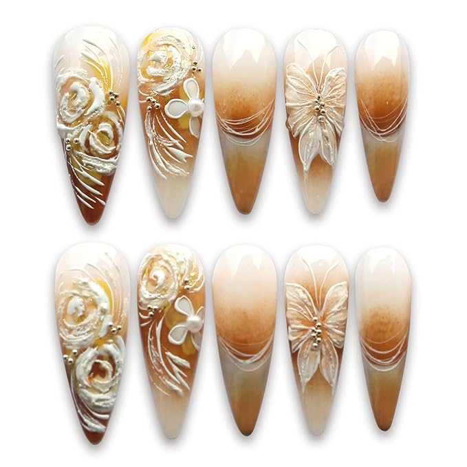 Long Press on Nails Stiletto Fake Nails Press ons with Butterfly Flower Line Swirl Designs Cute Almond Glue on Nails Acrylic Glossy Full Cover Stick on Nails for Women 24 Pcs