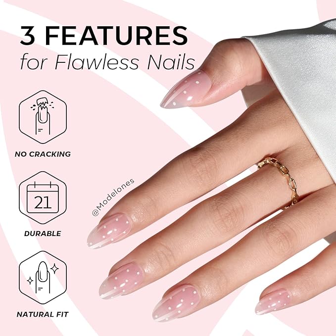 Modelones Pink Press on Nails Almond, Polka Dot Short Fake Nails, Reusable Nail Kit with Nail Glue Adhesive Tabs Mini Nail File, Nails Press Ons 32Pcs 16size, Women Girl Gift ﻿