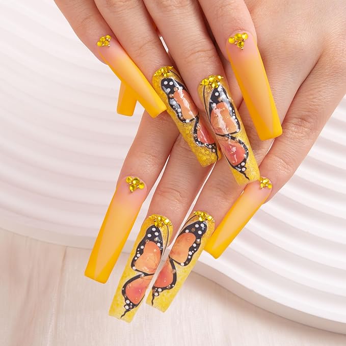 LOVFUL Press on Nails Follow Me Butterfly| Handmade with Full Covered Crystals| Reusable Fake Nails| Square Mid length 1.7in| H152-S