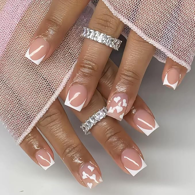 Medium Press on Nails Square - White French Tip False Nails with Heart Design - Glossy Full Cover Stick on Fake Nails for Women Manicure 24 Pcs