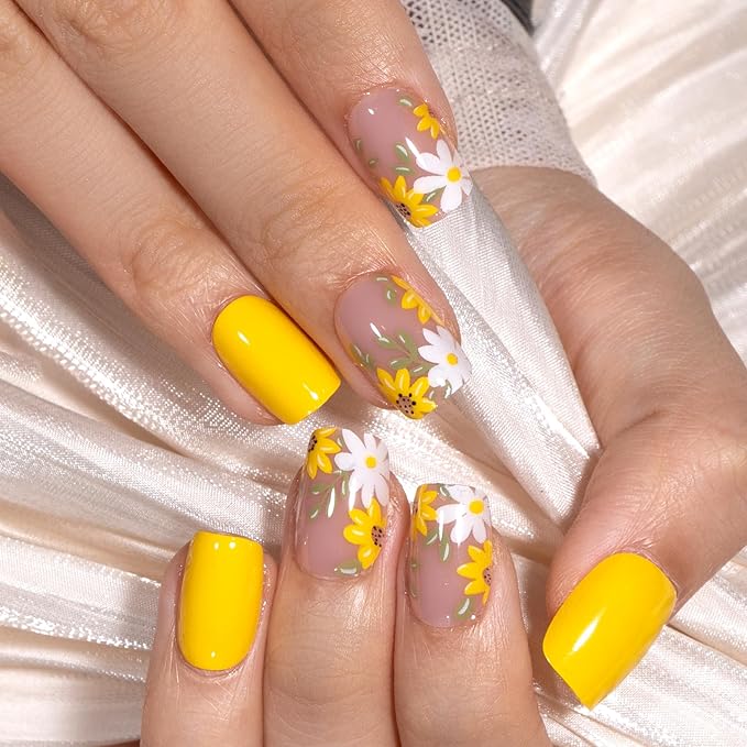 Curvlife Soft Gel Press on Nails Yellow Flower Design Full Cover False Fake Nails for Women Reusable Kit with Nail Glue Adhesive Tabs Nail File