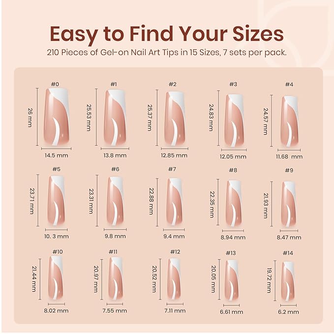 Beetles French Tip Press on Nails Long Square, 15 Sizes Soft Gel Nail Tips Jelly Brown 7 Styles Pre-Designed 4 in 1 Fake Nails Natural Look False Nail Tips for Nail Extensions Nail Art Gifts for Girls