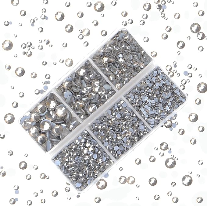 4000Pcs Mixed Size Hot Fix Round Crystals Gems Glass Stones Hotfix Flat Back Rhinestones (Black Diamond)