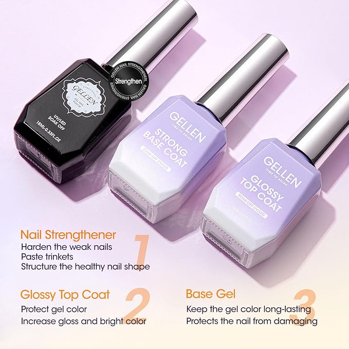 GELLEN Gel Top Coat Base Coat with Nail Strengthener, 3 Pcs 18 ml No Wipe Glossy Top Coat Set for Gel Nail Polish, Soak Off Base Coat Hardener Care for Thin Weak Nails Salon Manicure