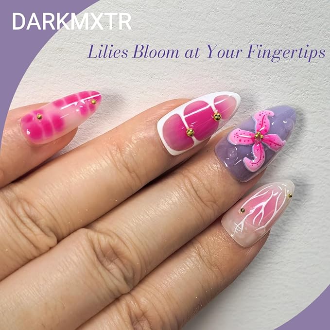 30Pcs 3D Floral Press On Nails | Pink & Purple Flower Design | Reusable Fake Nails Set Easy Application Manicure Set for Work, Party & Daily Use, Perfect for Women and Students
