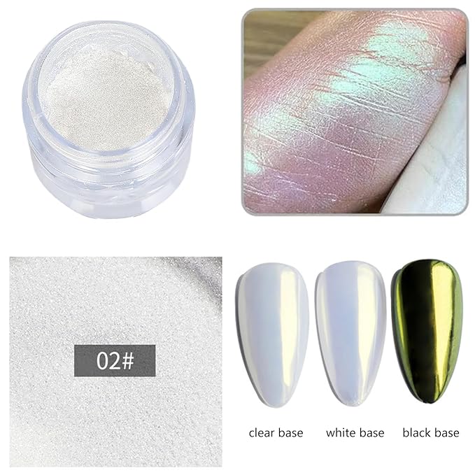 3 Jars White Pearl Chrome Powder for Nails, Moonlight Mirror Effect Aurora Glitter White Shimmer Pigment for Art Design
