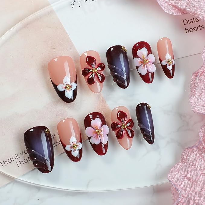 Flower Press on Nails Handmade Press on Nails 3D Floral Embossed and Golden Steel Ball Designs Medium Almond Fake Nails French False Nail Thick Acrylic Nails Stick on Nail for Women（Size S)