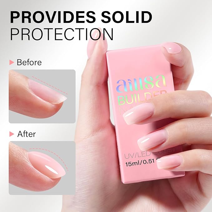 AILLSA Milky Pink Builder Gel for Nails 7 In 1 Hard Gel Polish for Nail Thickening Nude Strengthener Gel Polish Light Color Extension U V Gel for for French Manicure Base Coat Needed 0.51 Oz GB90
