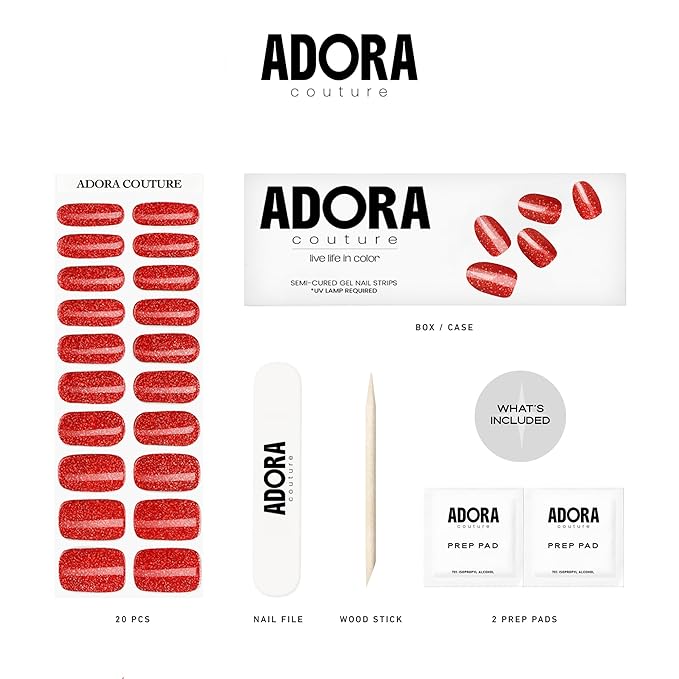 Semi-Cured Gel Nail Strips - 20 Salon-Quality Gel Sticker with UV Light Required, Long Lasting, Easy Application & Removal, Includes Prep Pad, Nail File, Wooden Stick (Ruby Radiance)