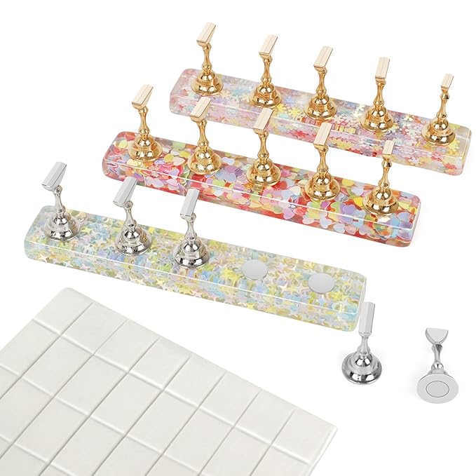 SAVILAND Nail Stand for Press Ons: 3 Set Nail Stand Nail Holder for Painting Nails with 40 Pcs Reusable Adhesive Putty Press on Nail Stand Stylish Glitter Nail Stand for Nail Art Tools Salon Manicure