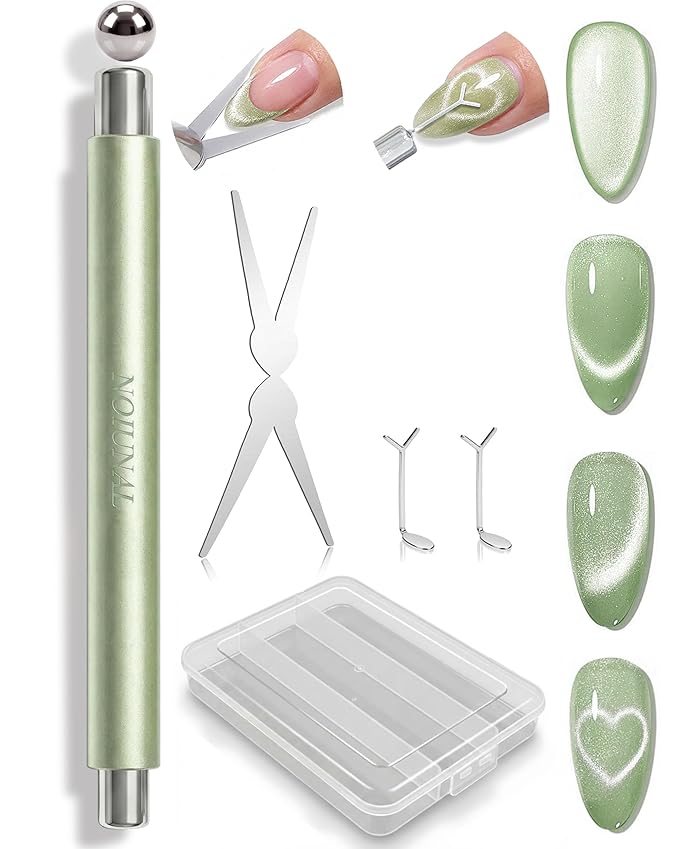 4-Piece Cat Eye Magnet Set with Case – Heart-Shaped & French-Shaped Magnets for Nail Art, Cat Eye Magnet Art Tool, 3-in-1 Magnetic Pen for Salon Professionals & Home DIY, Green