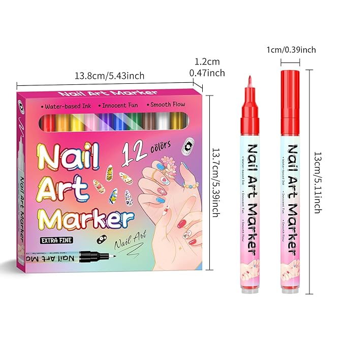 12 Colors Nail Art Pens Set, 2026 Newly Upgraded Nail Art Markers, 0.5MM Nail Polish Pens, Waterproof Quick-Drying Nail Art Marker Pens for Home & Salon Nail DIY Graffiti Dotting Drawing Painting