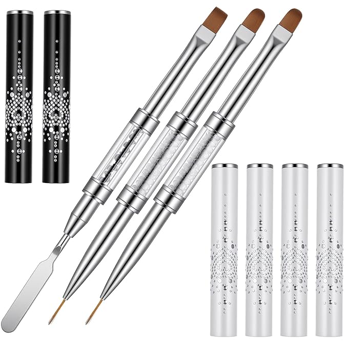 Sibba 3 PCS Double Ended Nail Art Brushes Set French Manicure Art Brushes Nails Design Detailing Painting Drawing Liner Brush Pen & Stainless Steel Cuticle Pusher Cleaner Nail Builder Polish Gel Brush