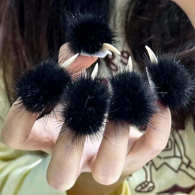 10 Pcs Luxury Press on Nails Medium Curved Stiletto Handmade Cat Claw Reusable Fake Nails Unique Cat Claw False Nails with Black Furry Fur Designs Glossy Glue on Nail Thick Acrylic Nail (S)