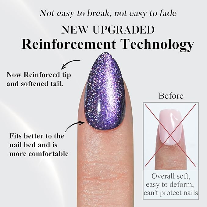 Cat Eye Press on Nails Short, Jofay Fashion Stylish Purple Press on Nails Almond, Soft Gel Fake Nails, Reusable & Natural Acrylic False Nails, Stick on Nails for Women Gift, Glue on Nails Kit 32 Pcs