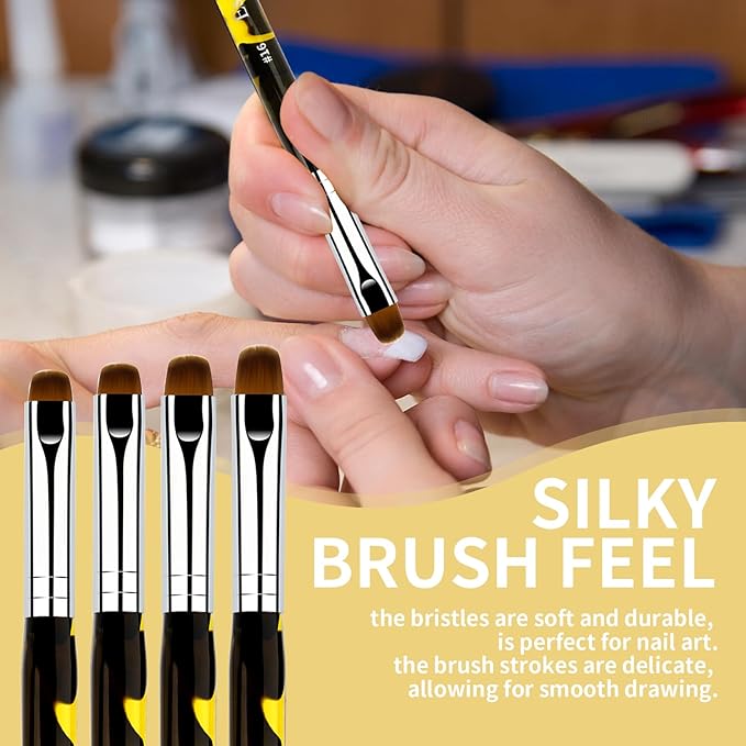 French Manicure Brush, Esclane 2 Way French Nail Brush with Dotting Tool for Manicure Cuticle Clean Up Nail Art Design, French Tip Brush (Yellow, #14)