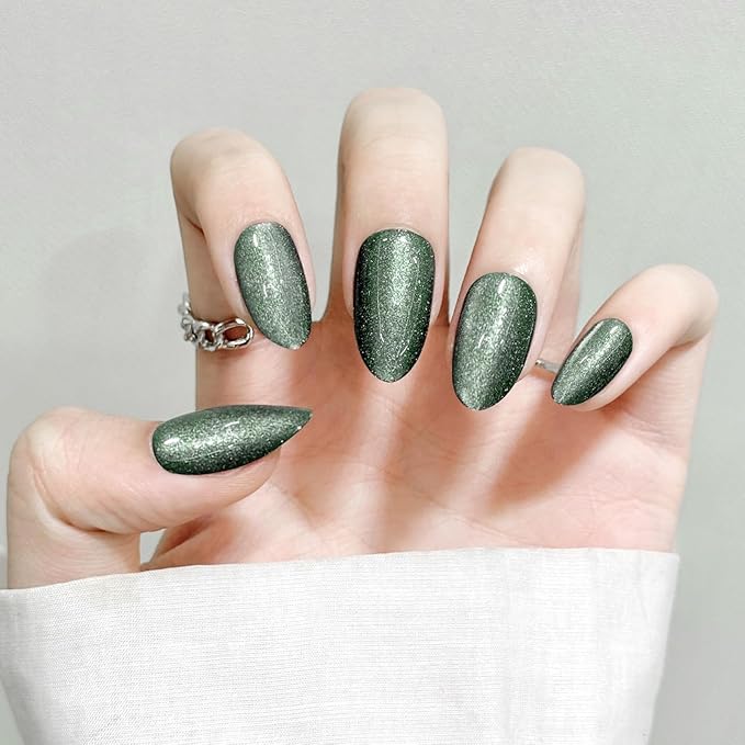 Green Almond Cat Eyes Press On Nails,12 Sizes - 24 Pcs Soft Gel Blackish Green Medium Fake Nails Kit with Nail Glue, Natural Reusable Stick On False Nails for Women and Girls SK1027