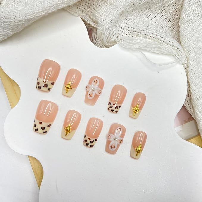 Handmade Press on Nails French Tip Leopard Print Press on Nails Short Coffin Fake Nail Designs Flower False Nails Full Cover Artificial Acrylic Glue on Nails for Women Girls Stick on Nails (Size M)