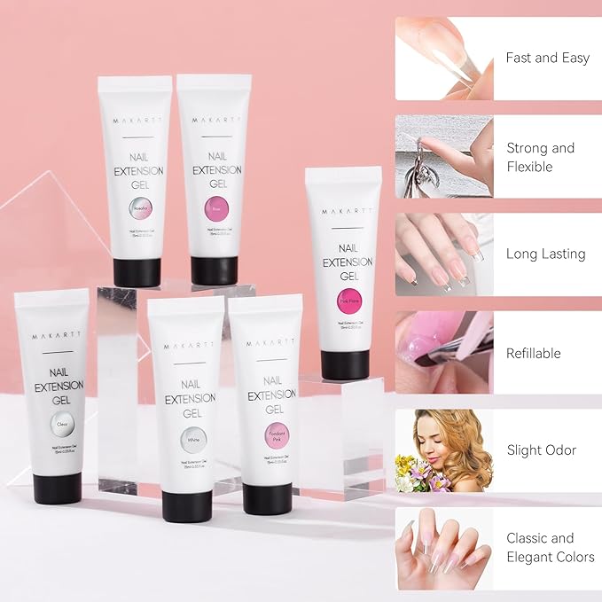 Makartt Poly Nail Gel Set - 6 Colors Kit Strong Builder for Extension Overlay Strengthener 3D Diy, Multifunctional, Long-lasting for Nails French Manicures Home Salon 15ML Clear White 4 Pink Shades