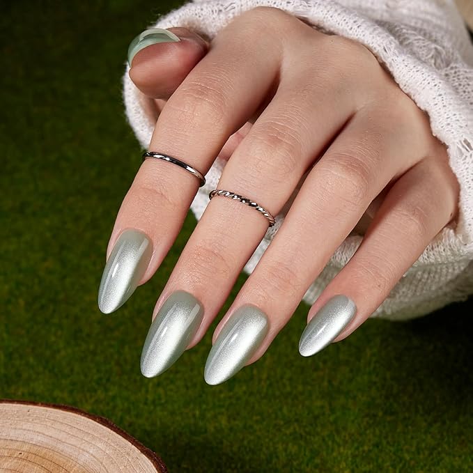 VSALON Press On Nails Medium Almond, Green Cat Eye Holographic Chrome Nails, Salon Quality Shimmer Fake Nails Kit - 32 PCS Stick on Nails in 16 Sizes with Glue & Cuticle Oil