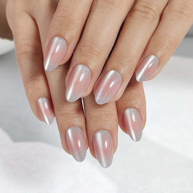 Press On Nails - Halo | White and Pink Cat Eye, UV Finish Medium Almond Nails, Salon Quality | 32 Nails, 16 Sizes Kit with Glue and Adhesive Tabs I Female Founded