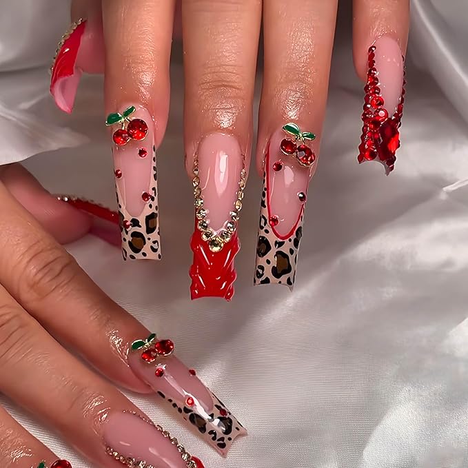Red French Tip Press on Nails Long Square Fake Nails Glossy Glue on Nail with with Bow Charm Rhinestone Bling Acrylic False Nails Brown Cheeatah Artificial Nails Stick on Nail for Women