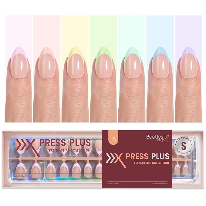 Beetles Spring Press On Nails 224 Pcs 7 Colors, French Tip Nails Short Almond Classic Fake Nail Tips, Pastel Romance Macaron Soft Gel Nails False Nails Art DIY For Women