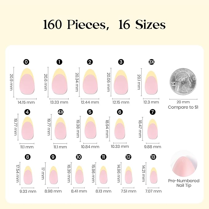 Beetles Yellow French Tips Press On Nails, Pastel Spring Press On Nails Short Almond 160 Pcs, Yellow Fake Nail Tips Soft Nail Gel False Nails Art DIY For Women