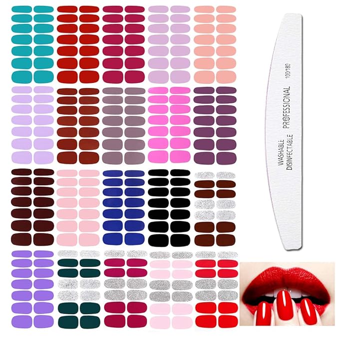 WOKOTO 20 Pcs Solid Nail Polish Strips, Self Adhesive Solid Nail Stickers And 1 Nail File Kit 14 Tips Per Sheet Glitter Fingernail Stickers gel nail strips Wraps For Women And Girls DIY Manicure