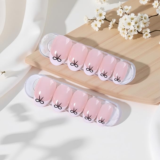 White French Tip Press On Nails Almond Short Fake Nails with Black Bow Design False Nails Valentines Day Bow Full Cover Acrylic Artificial Nails Press Ons Stick On Nail for Women DIY Manicure 24PCS