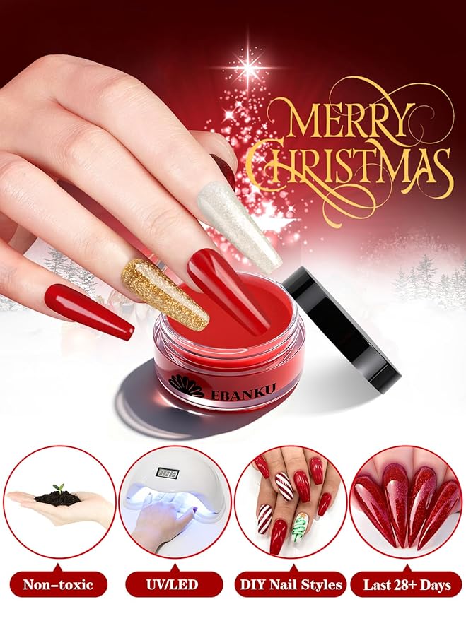 EBANKU Acrylic Powder, 6 Colors Acrylic Nail Powder Red Green White Gold Glitter Acrylic Powder for Nail Extension French Nail, Long-Lasting, No Nail Lamp Needed, 0.35 oz