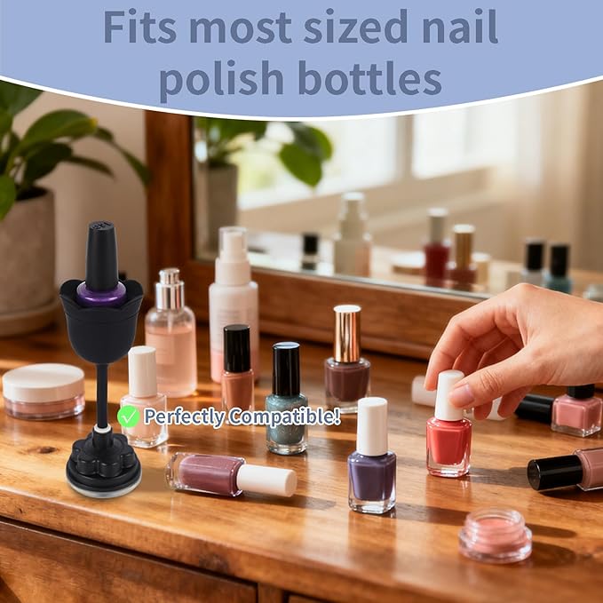 Nail Polish Bottle Holder, Rose-Shaped with 360° Rotating Stem, Tilted for No-Spill, Strong Suction Cup, All-Bottle Fit (Black)