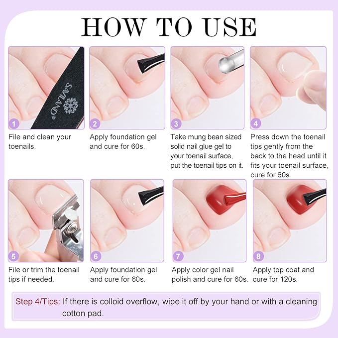 SAVILAND Toenail Tips and Solid Glue Gel: 500 PCS Clear Press on Toe Tips with Nail Glue Gel Base & Top Coat U V Light Pedicure Kit for Salon Home DIY Gift For Women