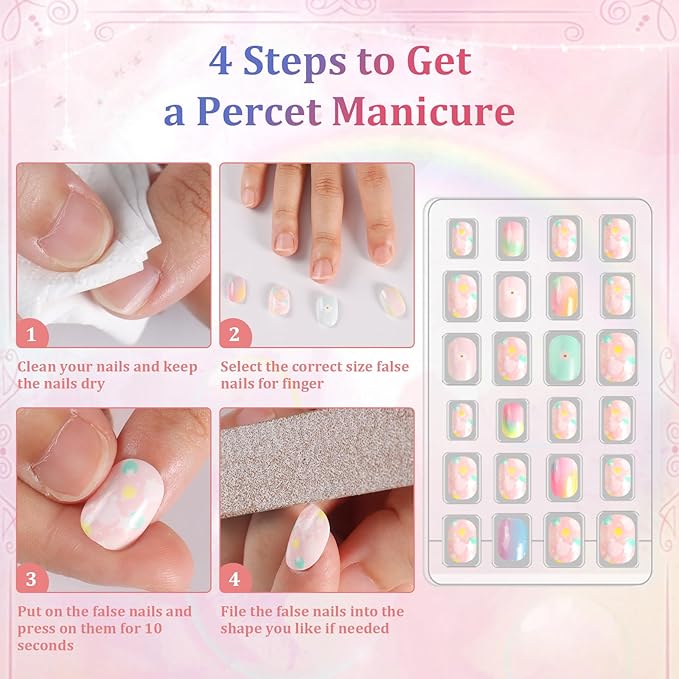 SIUSIO 120Pcs 5 Pack Press on Nails kids Children Acrylic Fake Nails Cute Pre-glue Full Cover Gradient Color Rainbow Short Stick On False Nail Art Kits Set for Kids Little Girls - Gradient Paradise