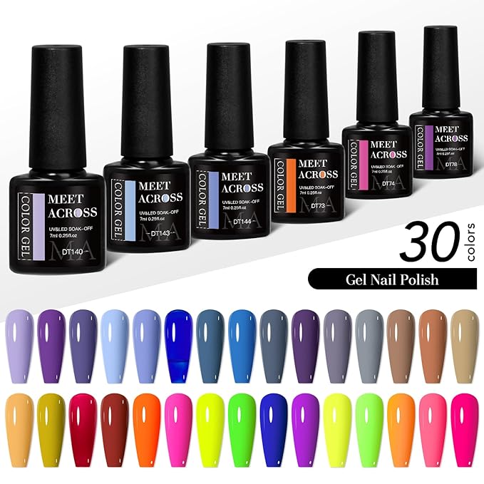 MEET ACROSS Gel Polish Set - 30 Colors Neon Hot Pink Red Green Blue Yellow Nail Polish Soak off Colorful Holidays Collection UV Gel Gifts for Women