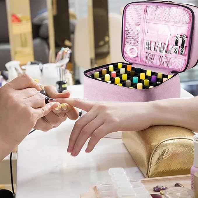 Meichoon Portable Nail Polish Carrying Organizer Case with Adjustable Bottle Compartment 30 Bottles of Gel Lamp and Manicure Tools Large Makeup Bag Travel with Removable Divider Pink