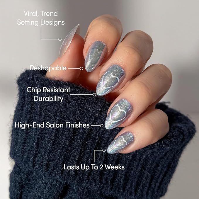 Valentines Day Glamnetic Press On Nails - Electric Lover | Short Almond Fake Nails in a Silver Iridescent Hue, Cat-Eye Magnetic Heart Designs in Velvet Finish | 15 Sizes - 30 Nail Kit with Glue