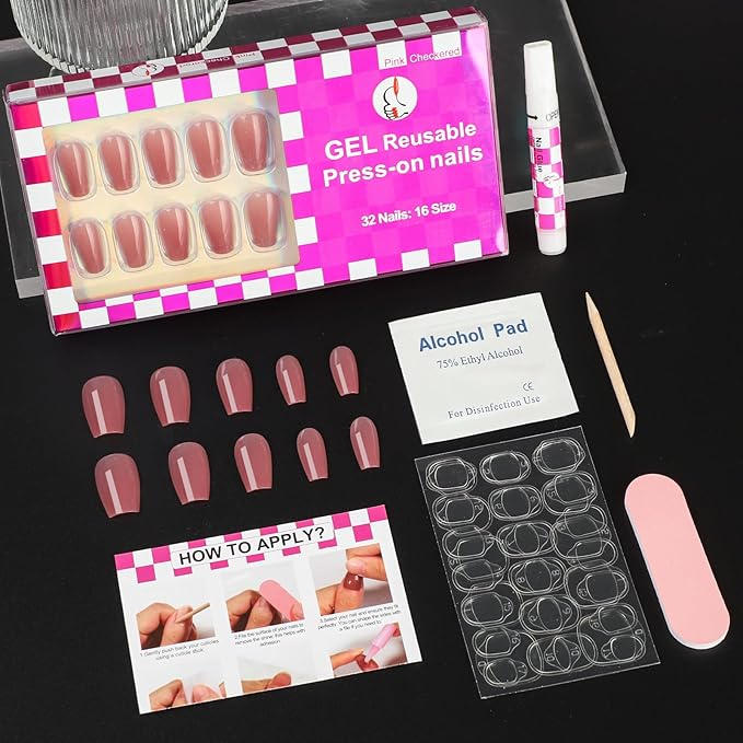 16 Sizes Coffin Press on Nails Reusable 32pcs Glossy Gel Fake Nails with Glue and Jelly Stickers (Dusty Rose)