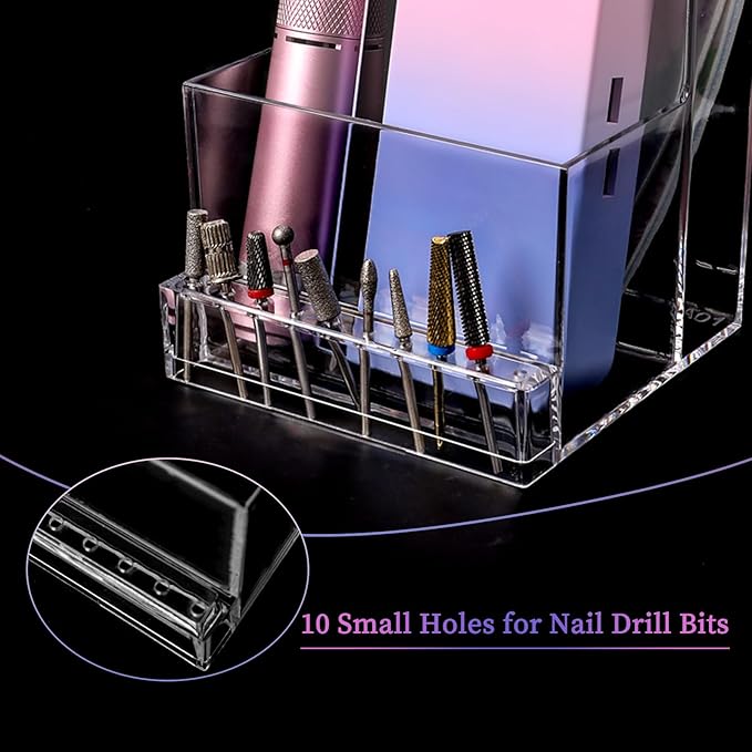 ANGNYA Nail Drill Holder Grinding Bit Storage Box, 10 Holes Transparent Nail Drill Bit Holder Plastic Nail Drill Tool Organizer Manicure Tools Display Box for Nail Tech Supplies