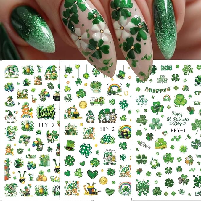 6 Sheets St Patrick’s Day Nail Art Stickers 3D Self- Adhesive Shamrock Nail Stickers Green Clover Hat Letter Golden Coin Irish Design St Patricks Day Nail Decals Nail Art Supplies for Acrylic Manicure